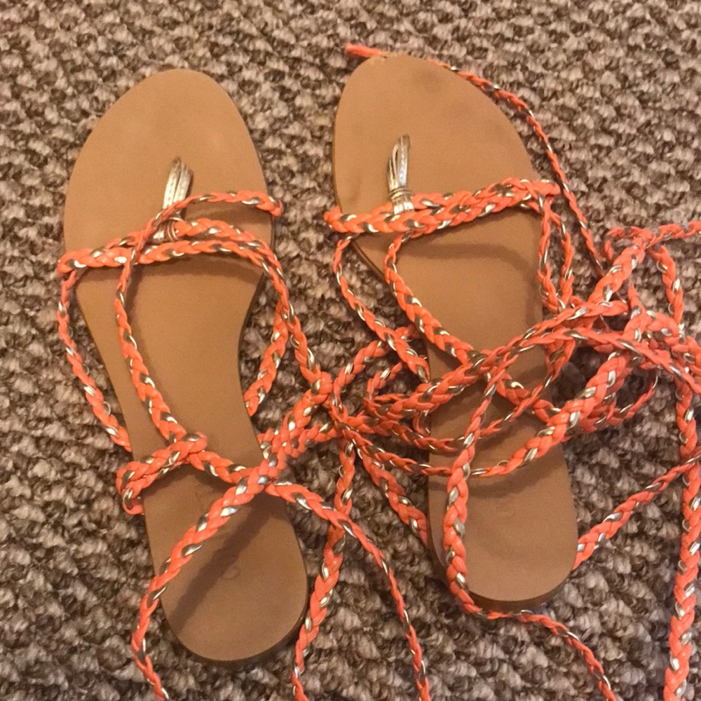 Orange and metallic gladiator wrap sandals